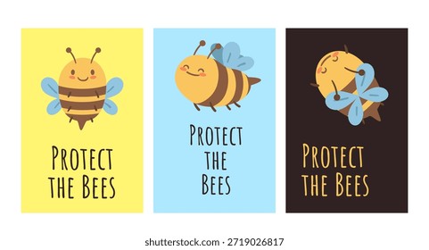 Protect the Bees poster set with cute bee characters. Bright and simple illustrations for eco campaigns, stickers, prints and educational materials.