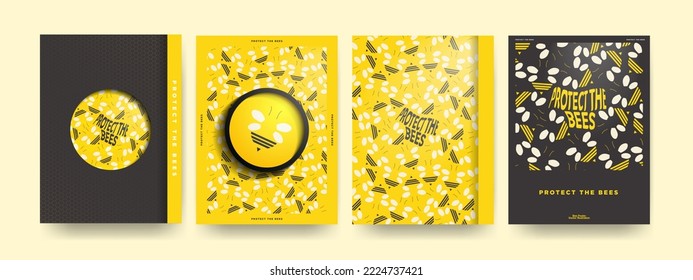 Protect The Bees Poster Set in yellow and black.  Minimalist and simple Bee conservation themed concept posters. Vector Illustration. EPS 10.