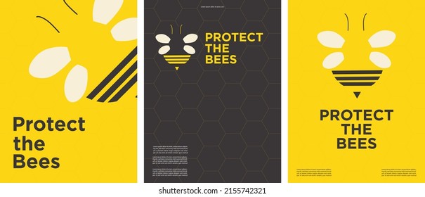 Proteja las plantillas de afiches de abejas. Abeja. Fondo de abeja.  Minimalista. De moda. Ilustración vectorial. Editable con espacio de copia. Para carteles, tarjetas, portadas, volantes, folletos, documentos.