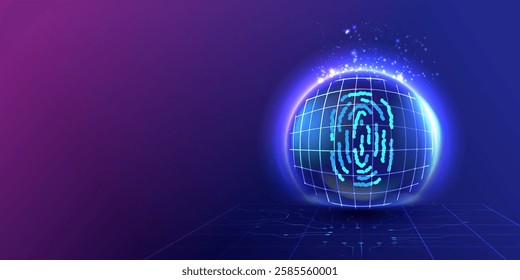 Protect biometric fingerprint on wireframe circuit board. Technology shield. Touch ID. Protection identity shield inside dome security design. Crime ai identification concept. Vector illustration.