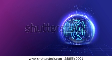 Protect biometric fingerprint on wireframe circuit board. Technology shield. Touch ID. Protection identity shield inside dome security design. Crime ai identification concept. Vector illustration.
