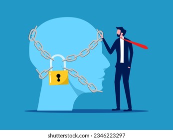 Protect the brain. Businessman and head locked with padlock 