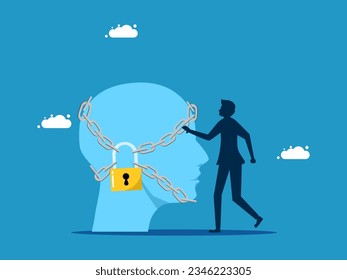 Protect the brain. Businessman and head locked with padlock 