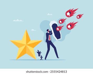 Protect brand reputation concept, trust or manage negative customer review, feedback or engagement, businessman with shield protect star reputation form thumb down feedback