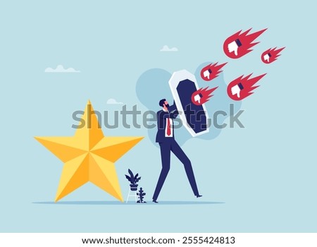 Protect brand reputation concept, trust or manage negative customer review, feedback or engagement, businessman with shield protect star reputation form thumb down feedback