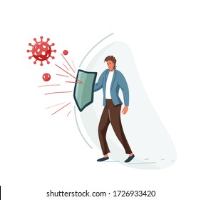 Protect business concept vector illustration of global finance economy after pandemic coronavirus crisis. Male character hold shield and defend from risk. Vector illustration modern economic reality.