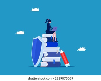 Protect business knowledge. woman working on shield with stack of books 