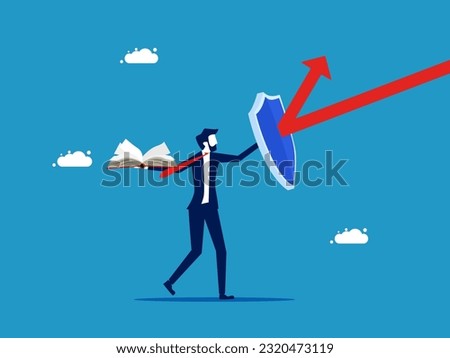 Protect business learning. Businessman with shield protects book from arrow attack