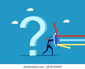 Protect business secrets. Businessman holding shield to protect question mark from arrow attack vector