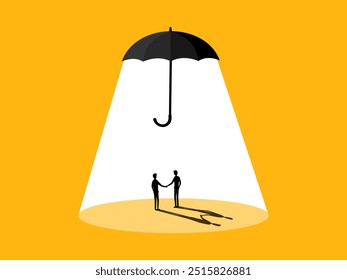 Protect business. Two businessmen holding hands under a protective umbrella