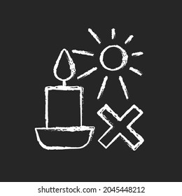 Protect candles from direct sunlight chalk white manual label icon on dark background. Storing products in dark place. Isolated vector chalkboard illustration for product use instructions on black
