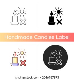 Protect candles from direct sunlight manual label icon. Storing handmade products in dark place. Linear black and RGB color styles. Isolated vector illustrations for product use instructions