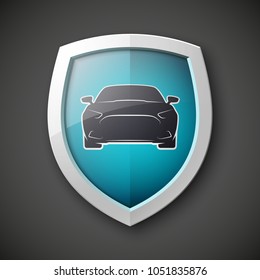 Protect car guard shield. Safety badge vehicle icon. Privacy automobile banner shield. Security auto label. Defense motor car. Defense safeguard shield motor vehicle. Car alarm system. Auto insurance