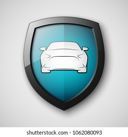 Protect car guard shield. Safety badge vehicle icon. Privacy automobile banner shield. Security auto label. Defense motor car. Defense safeguard shield motor vehicle. Car alarm system. Auto insurance