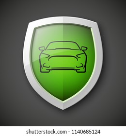 Protect car guard shield. Safety badge vehicle icon. Privacy automobile banner shield. Security auto label. Defense motor car. Defense safeguard shield motor vehicle. Car alarm system. Auto insurance