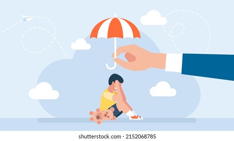 Protect children from danger. Child protection concept. Little boy sitting on the floor and crying. Child care. The umbrella protects the child from the storm. Flat design. Vector illustration.