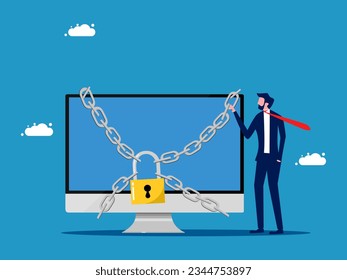 Protect computer. Businessman and computer locked with padlock. vector 