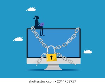 Protect computer. Businesswoman and computer locked with padlock. vector 