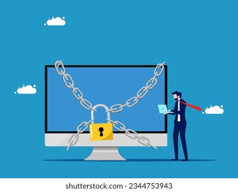 Protect the confidentiality of information. Businessman and computer locked with padlock. vector 