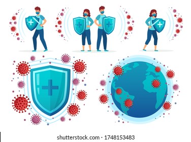 Protect from corona virus. People fight Covid-19, health shield vs virus and coronavirus around world globe vector illustration set. Covid-19 and virus protection, influenza dangerous