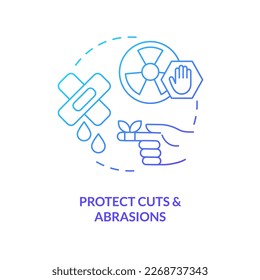 Icono de concepto de degradado azul para proteger cortes y abrasiones. Decontaminato después de la radiación de la idea abstracta de emergencia de la delgada línea ilustración. Dibujo de contorno aislado. Se usa una fuente Myriad Pro-Bold