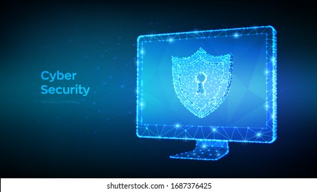 Protect and cyber security of safe concept. Abstract low polygonal computer monitor and shield with keyhole icon. Illustrates cyber data security or information privacy idea. Vector Illustration.