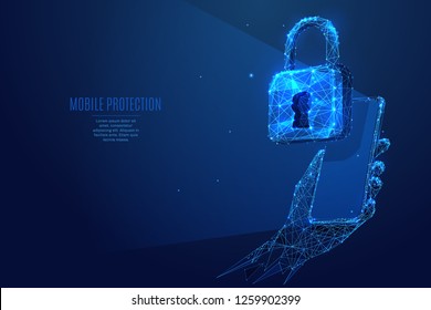 Protect Data concept. Close Lock on smartphone screen.Email Vector low poly wireframe in the form of starry sky, consisting of points, lines, and shapes in the form of stars. Polygonal Abstract image