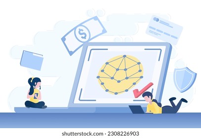 Protect data information from hacking by face scan. Safety and security technology concept. Digital account, privacy identity, online banking, social media account. Flat vector illustration.