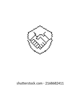 Protect deal, handshake shield. Pixel art line vector icon illustration