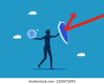 Protect digital coins. man with shield to protect bitcoin from arrow attack