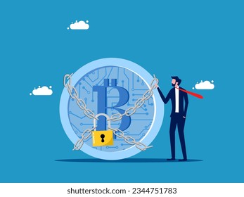 Protect digital currency. Businessman and digital coin lock with padlock 