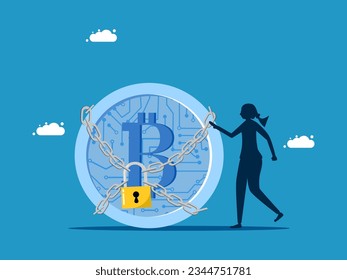 Protect digital currency. woman and digital coin lock with padlock 