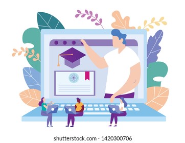 Protect Diploma Online Distance Education. Lesson Online. E-Learning. Online Training. Student with Laptop. White Background. New Technologies. Vector Illustration. Getting Diploma. Project Graduation
