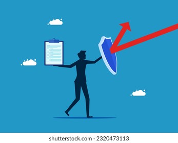 Protect documents. man with shield protects check document from arrow attack