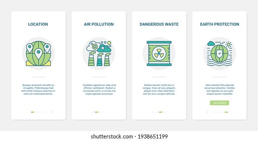 Protect ecology planet from pollution vector illustration. UX, UI onboarding mobile app page screen set with line industry pollutes air, earth with dangerous toxic waste, eco environment protection