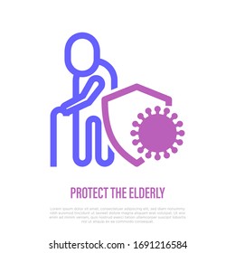 Protect the elderly from COVID-19. Senior with walking cane is protected by shield. Thin line icon. Vector illustration.