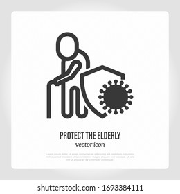 Protect the elderly from COVID-19. Senior with walking cane is protected by shield. Thin line icon. Vector illustration.