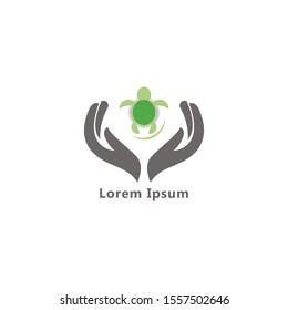 protect endangered animals logos with turtle and hands concept. design template.