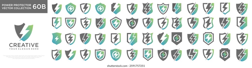 Protect Energy logo design. Shield with lightning inside. Electrical safety icon.Vector illustration