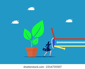 Protect the environment. Businesswoman holding shield to protect tree from arrow attack vector
