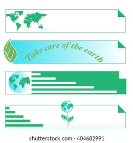 Protect the environment and the earth. Earth and green leaves on a white background. Green Planet. 4 Banners for the site with a green planet.