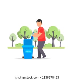 Protect the environment. Man throws a garbage in the trash. Vector illustration.Trash sorting
