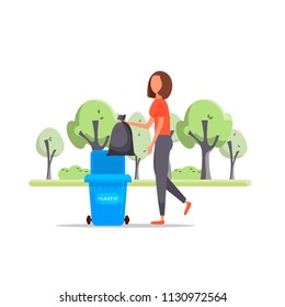 Protect the environment. Woman throws a garbage in the trash. Vector illustration.Trash sorting