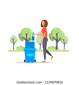 Protect the environment. Woman throws a garbage in the trash. Vector illustration.Trash sorting