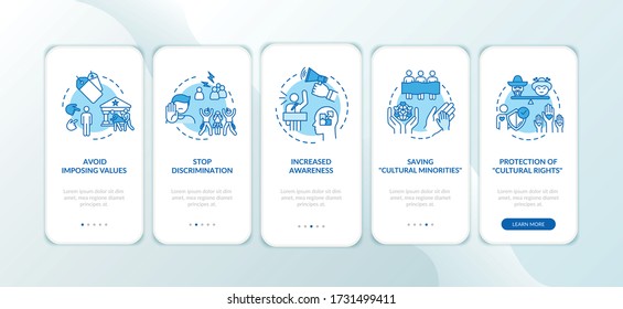 Protect ethnic minority onboarding mobile app page screen with concepts. Multiculturalism appreciation walkthrough 5 steps graphic instructions. UI vector template with RGB color illustrations