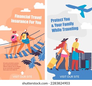 Protect family while traveling, financial travel insurance for you. Visit our online store for available plans for members and relatives. Journey and vacations with pleasure. Vector in flat style