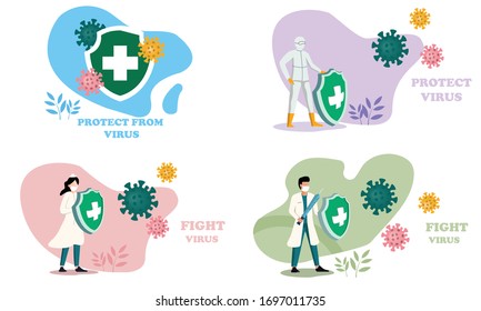 Protect and fight virus concept. Man in hazard suit and shield protection virus.Doctor and nurse holds shield covering from virus and bacteria.Fight the sickness.Health bacteria and virus protection.