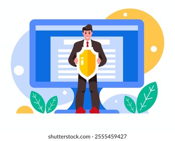 Protect files and documents. Businessman holding protective shield in your hands. Personal data security. Background with a display on the screen with a text editor open. Vector graphics