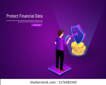Protect Financial Data concept with stack of coins, man secure his monetary data on purple background for responsive web template design. 