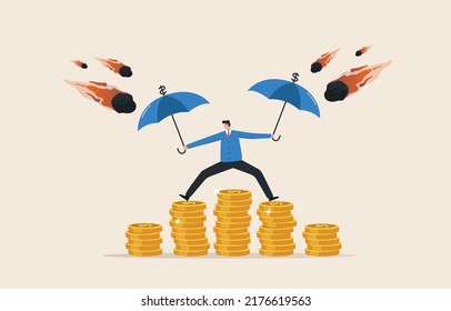 Protect financial stability. 
Increase asset security. Savings, deposits, or retirement funds. businessman holding strong umbrella to protect money coin.